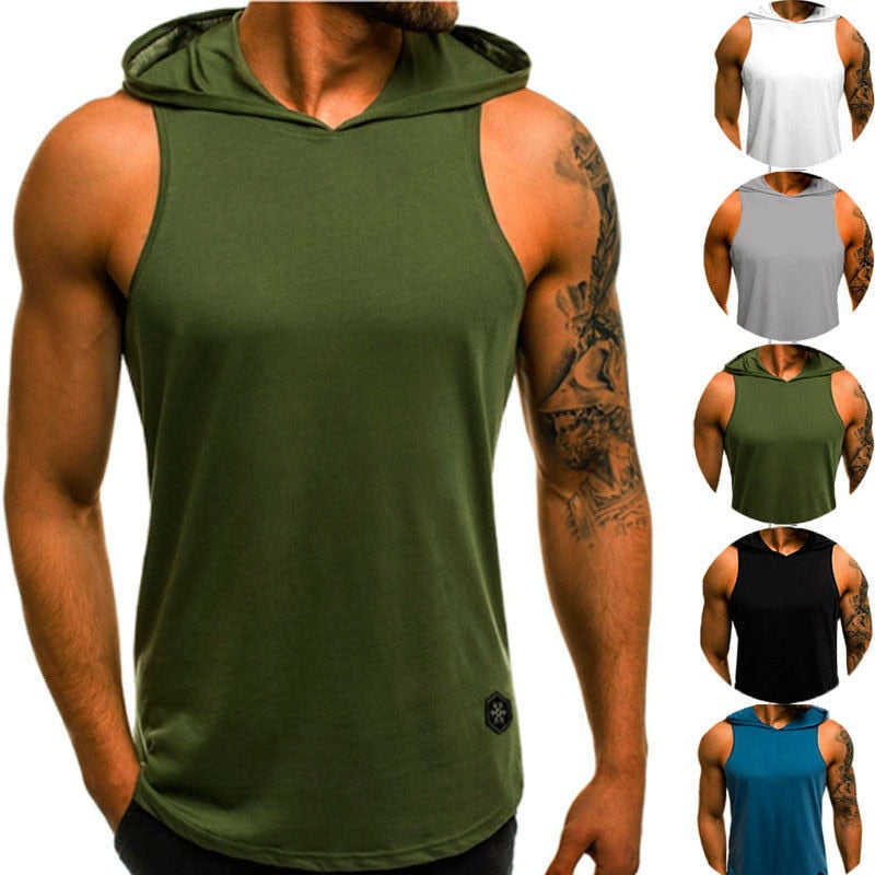Men Fitness Hoodies Tank Tops Sleeveless Tee Shirt Male Workout Hooded Vest Solid Undershirt Sportswear