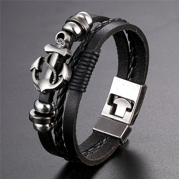 2019 Newest Design High Quality Multi-layer Leather Bracelets Charm Men Anchor Bracelet Jewelry Party Fine Gift Male Pulseira