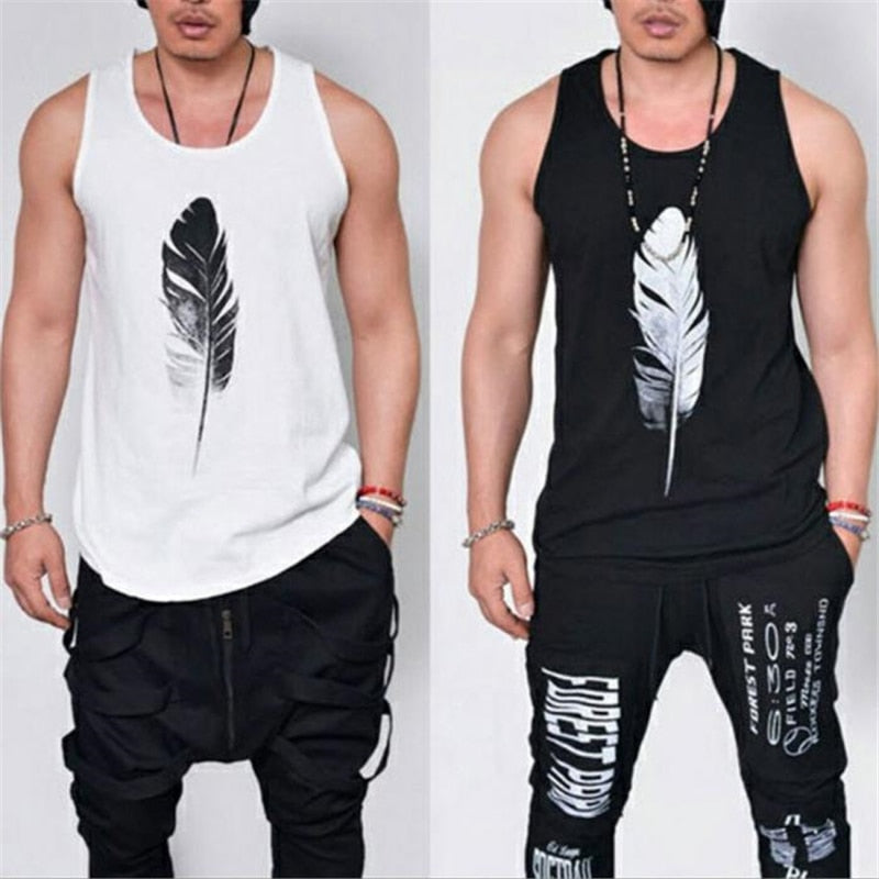 Fashion Men Sleeveless Tank Top  Casual Singlets Vest Feather Print Cotton Summer Tee Tops IK88