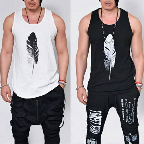 Fashion Men Sleeveless Tank Top  Casual Singlets Vest Feather Print Cotton Summer Tee Tops IK88