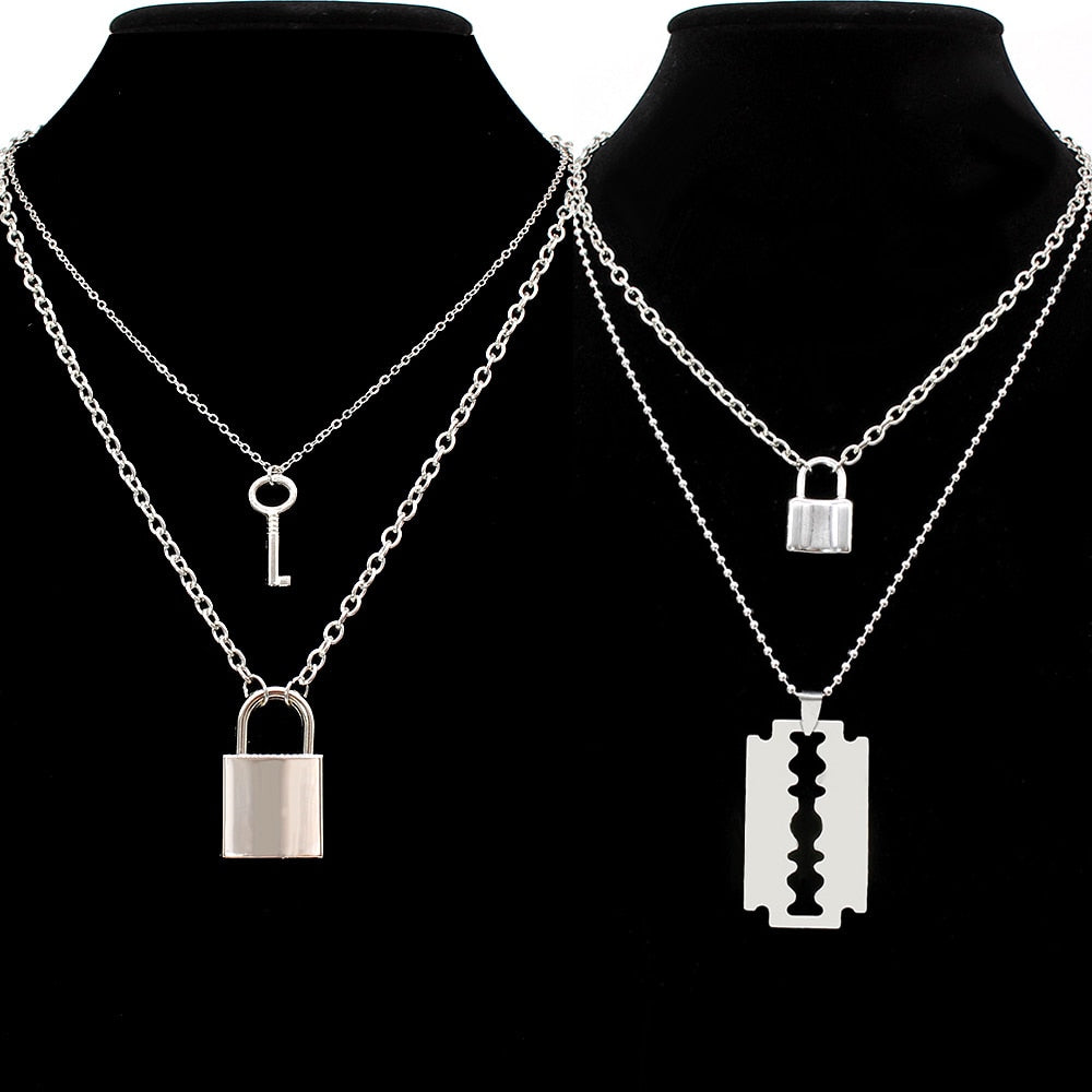 stainless steel Double layer key Lock necklace punk link chain padlock pendant necklace hiphop women men fashion gothic jewelry