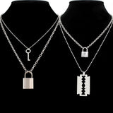 stainless steel Double layer key Lock necklace punk link chain padlock pendant necklace hiphop women men fashion gothic jewelry