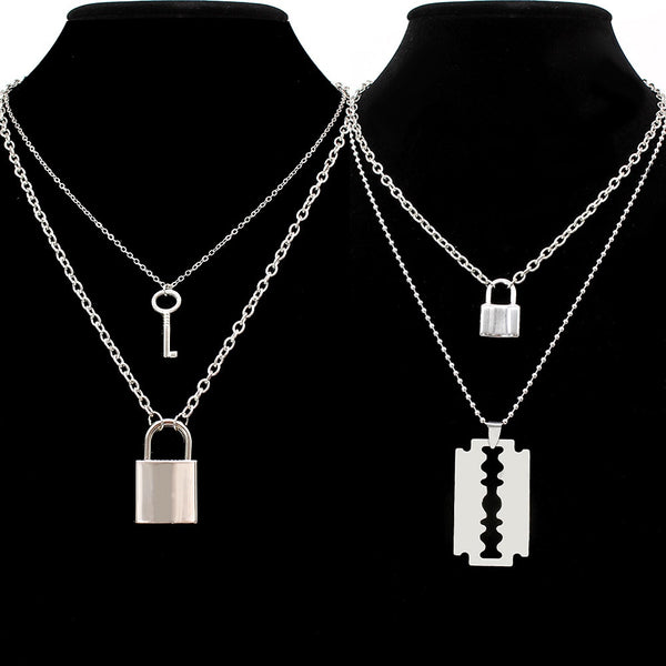 stainless steel Double layer key Lock necklace punk link chain padlock pendant necklace hiphop women men fashion gothic jewelry