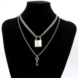 stainless steel Double layer key Lock necklace punk link chain padlock pendant necklace hiphop women men fashion gothic jewelry