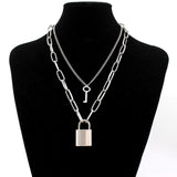 stainless steel Double layer key Lock necklace punk link chain padlock pendant necklace hiphop women men fashion gothic jewelry