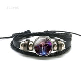 12 Zodiac Signs Constellations Black Button Woven Leather Bracelet Glass Dome Jewelry Men Aries Libra Libra Leo Birthday Gift