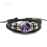 12 Zodiac Signs Constellations Black Button Woven Leather Bracelet Glass Dome Jewelry Men Aries Libra Libra Leo Birthday Gift