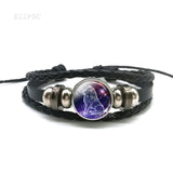 12 Zodiac Signs Constellations Black Button Woven Leather Bracelet Glass Dome Jewelry Men Aries Libra Libra Leo Birthday Gift