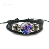 12 Zodiac Signs Constellations Black Button Woven Leather Bracelet Glass Dome Jewelry Men Aries Libra Libra Leo Birthday Gift