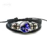 12 Zodiac Signs Constellations Black Button Woven Leather Bracelet Glass Dome Jewelry Men Aries Libra Libra Leo Birthday Gift