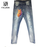 F.N.JACK  Mens Jeans Cool Guy Slim Straight Full Length Zip Fly Denim Pants for man
