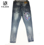 F.N.JACK  Mens Jeans Cool Guy Slim Straight Full Length Zip Fly Denim Pants for man