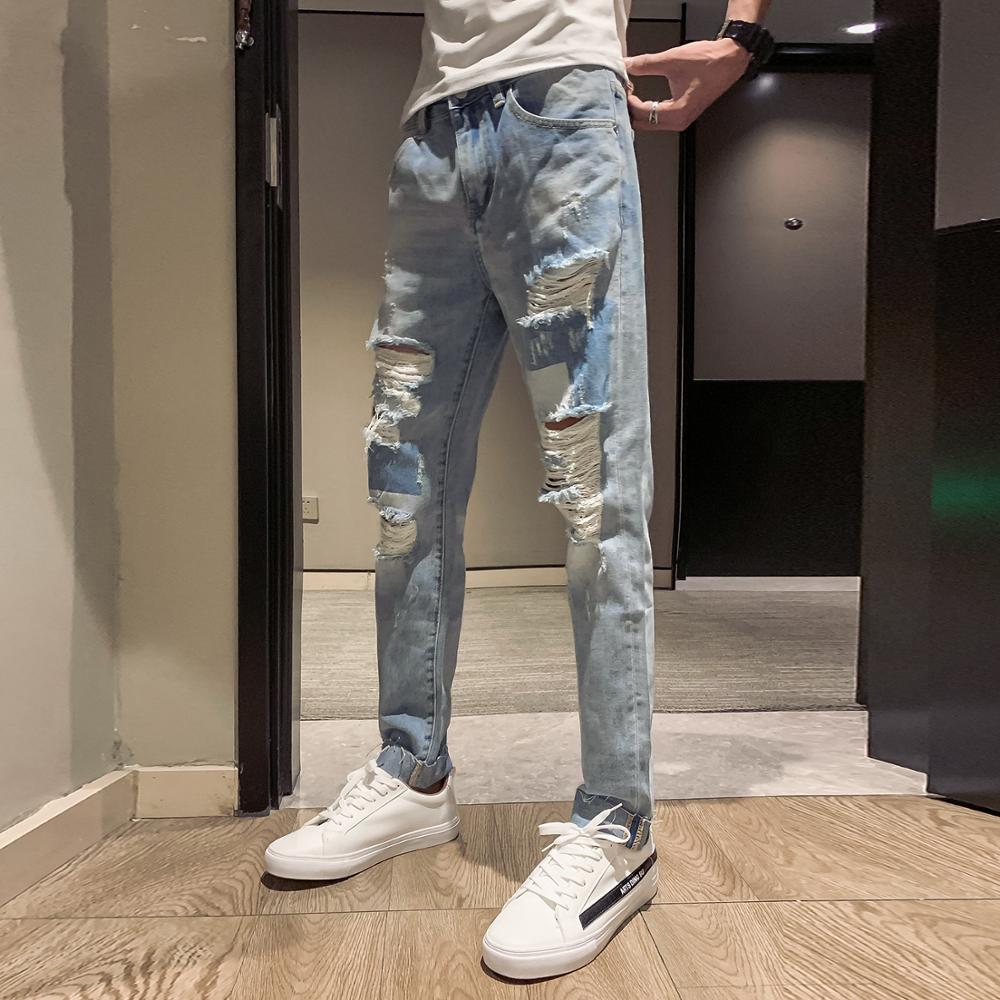 2019 new Korean casual hole jeans men's summer Korean version of the trend of social spirits guys slim men's pants