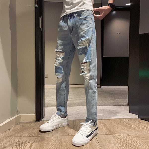 2019 new Korean casual hole jeans men's summer Korean version of the trend of social spirits guys slim men's pants