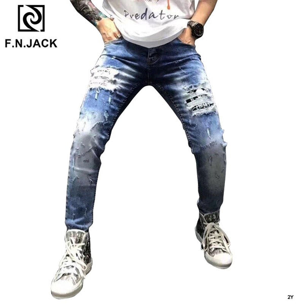 F.N.JACK 2019 New Arrival Mens Jeans Fashion Slim Fit Jeans Men Stylish Ripped Denim Man Pants COOL GUY Zipper Fly