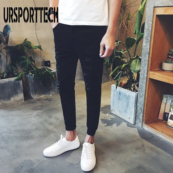 URSPORTTECH Cotton Skinny Jeans Men Pencil Pants Hole Cool Trousers for Guys 2019 Summer Fashion Ripped Jeans for Men Plus Size