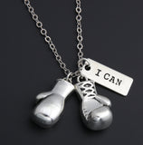1pc Silver Boxing Glove Charms Necklace With Encourage Words "I Can" Pendant For Men Sport Jewelry Keep Fit E271