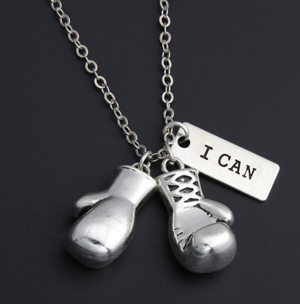 1pc Silver Boxing Glove Charms Necklace With Encourage Words "I Can" Pendant For Men Sport Jewelry Keep Fit E271