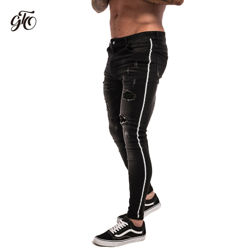 Gingtto Skinny Jeans Men Ripped Black Side Stripe Jeans Stretch Slim Fit Elastic Biker Jeans Male Big Size Ankle Tight Guys zm23