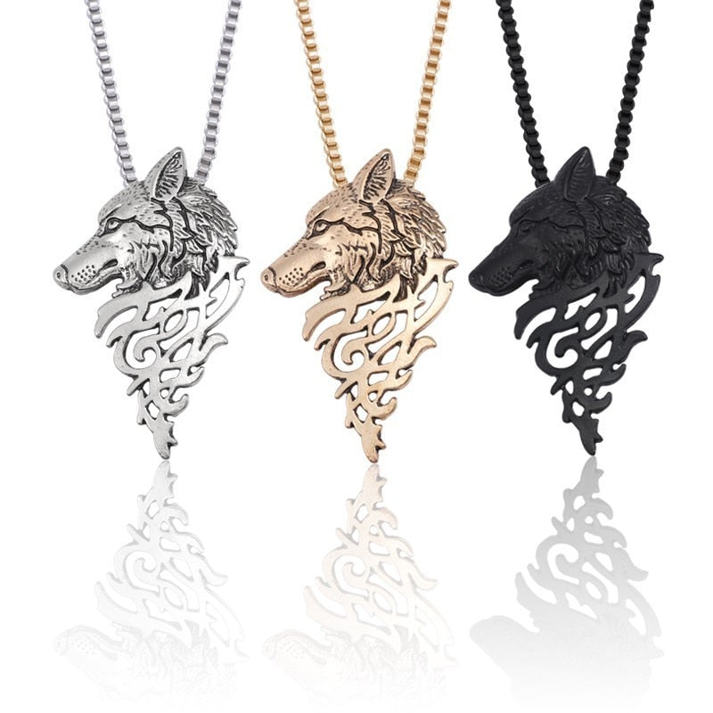 Punk Vintage Wolf Pendant Necklace Women Men Gold Silver Black Metal Wolf Head Necklaces Pendants Animal Jewelry Drop Shipping