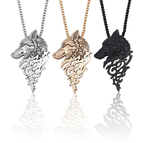 Punk Vintage Wolf Pendant Necklace Women Men Gold Silver Black Metal Wolf Head Necklaces Pendants Animal Jewelry Drop Shipping