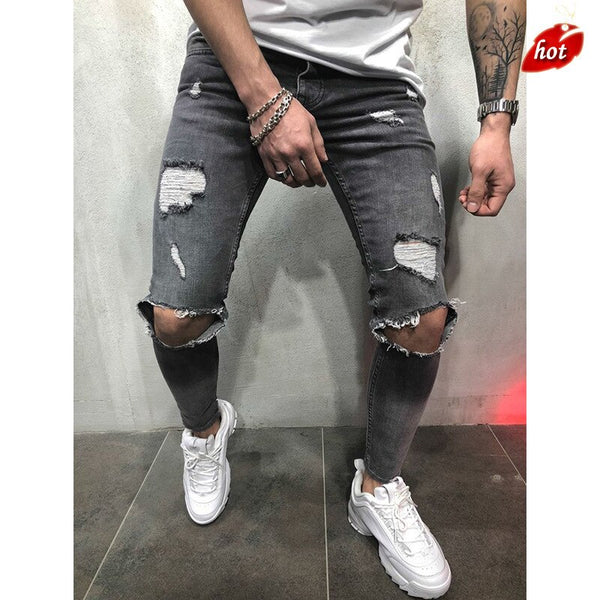 Cotton Jean Men's Hip Hop Pants Vintage Hole Slim Straight Trousers for Guys 2018 Summer Autumn Ripped Jeans Men Plus Size O8R2