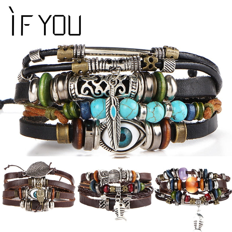 IF YOU Puck Feather Multilayer Leather Bracelet Men Bohemia Charm Eye Fish Mens Bracelets 2019 Wrap Pulseira Gift Jewelry New
