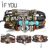 IF YOU Puck Feather Multilayer Leather Bracelet Men Bohemia Charm Eye Fish Mens Bracelets 2019 Wrap Pulseira Gift Jewelry New