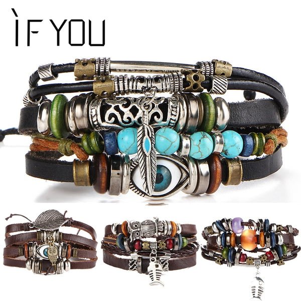 IF YOU Puck Feather Multilayer Leather Bracelet Men Bohemia Charm Eye Fish Mens Bracelets 2019 Wrap Pulseira Gift Jewelry New