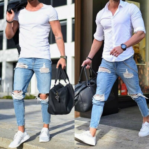 Cotton Jean Men's Pencil Pants Vintage Hole Cool Hip Hop Trousers Guys Summer Europe America Style Plus Size Ripped Jeans Men
